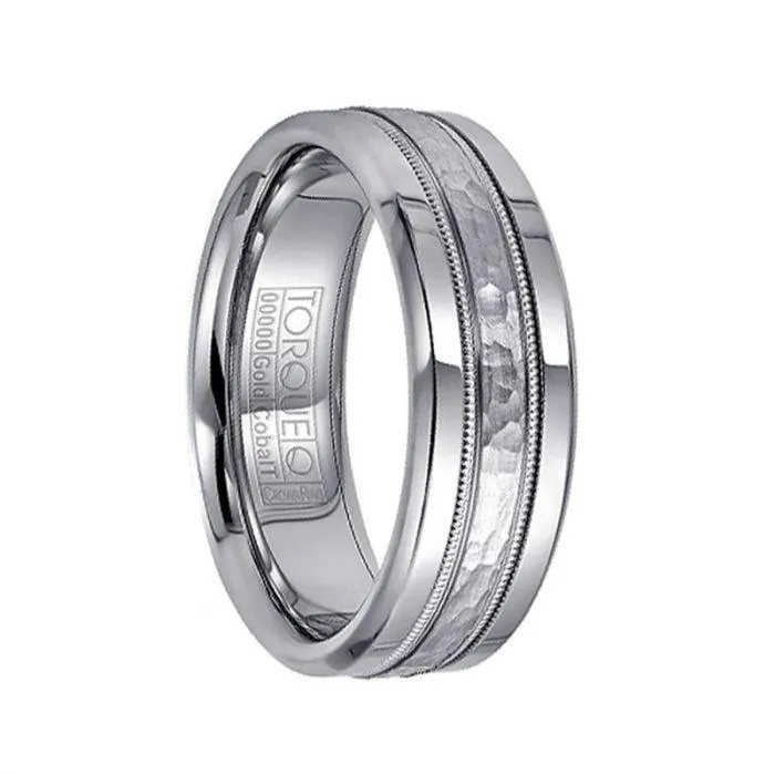 White Cobalt & 14k White Gold Men’s Wedding Band with Milgrain Accents - 7.5mm
