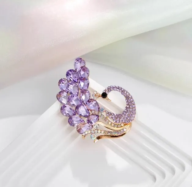 XSB095 - Purple Crystal Peacock Brooch
