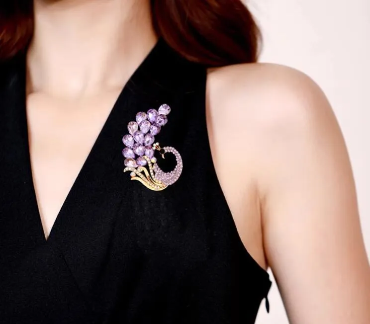 XSB095 - Purple Crystal Peacock Brooch