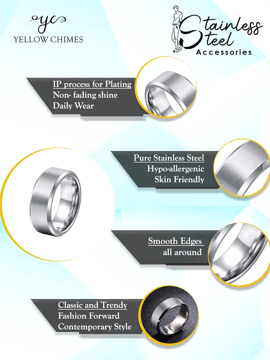 Yellow Chimes Rings for Men and Boys | Silver Rings for Men | Band Shaped Men's Ring | Stainless Steel Rings for Men | Birthday Gift for Men and Boys Anniversary Gift for Husband